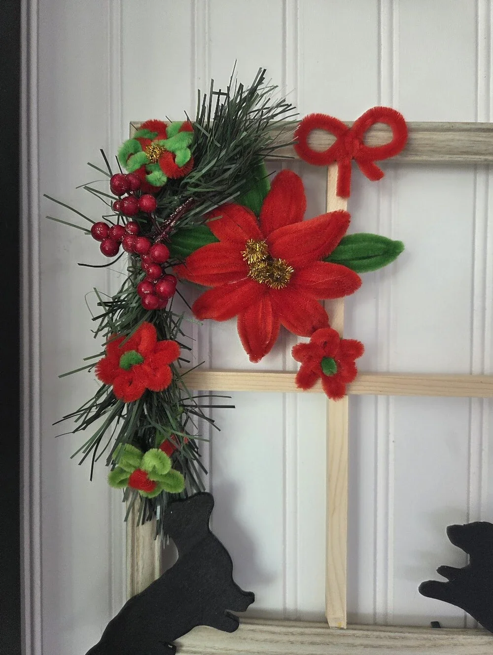Handmade Holiday Window Frame Wreath with Red Poinsettia And Puppy Accents 9x11